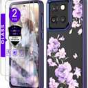 for Motorola Moto G Stylus 5G 2025 Case+Tempered Glass Screen Protector, Military Grade Protective Slim Soft TPU + Hard PC, Girls Women Crystal Clear Flower Pattern Case Cover (Deep Purple)