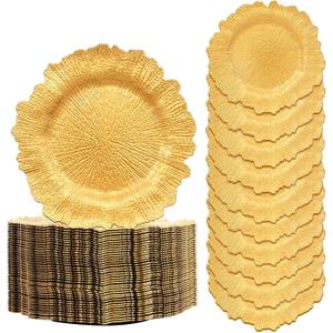 GenMous Gold Charger Plates Bulk 50 for Wedding Party Table Decor, 13 inch Decorative Floral Round Gold Charger for Dining Plates, Plastic Metallic Plates Charger for Thanksgiving Christmas Holiday (50 pack)