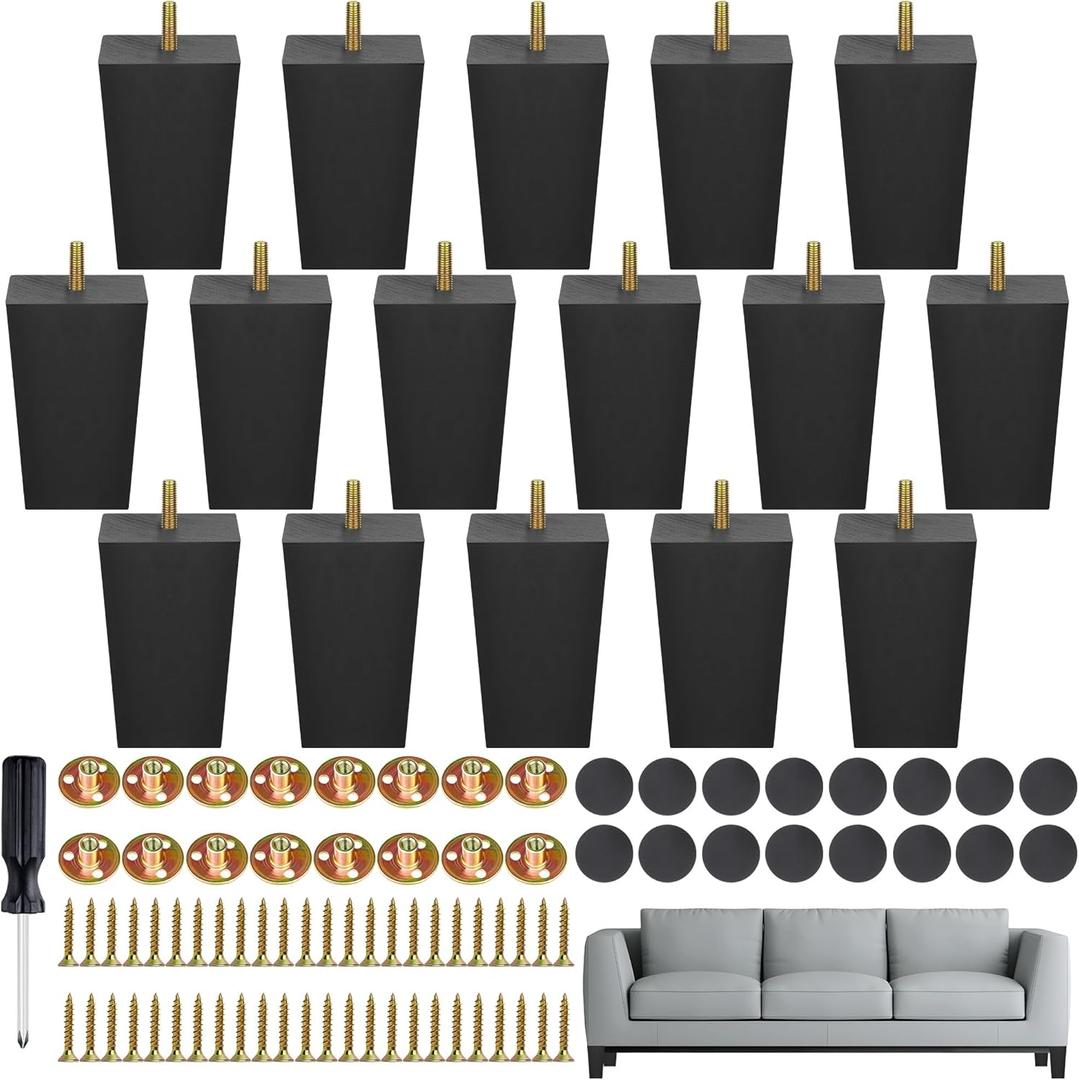 TURSTIN Set of 16 Black 4 Inch Square Solid Wood Furniture Legs Wooden Replacement Feet for Sofa, Couch, Chair, Bed, Cabinet, Table, Includes Screws, Iron Washers, Felt Pads & Screwdriver