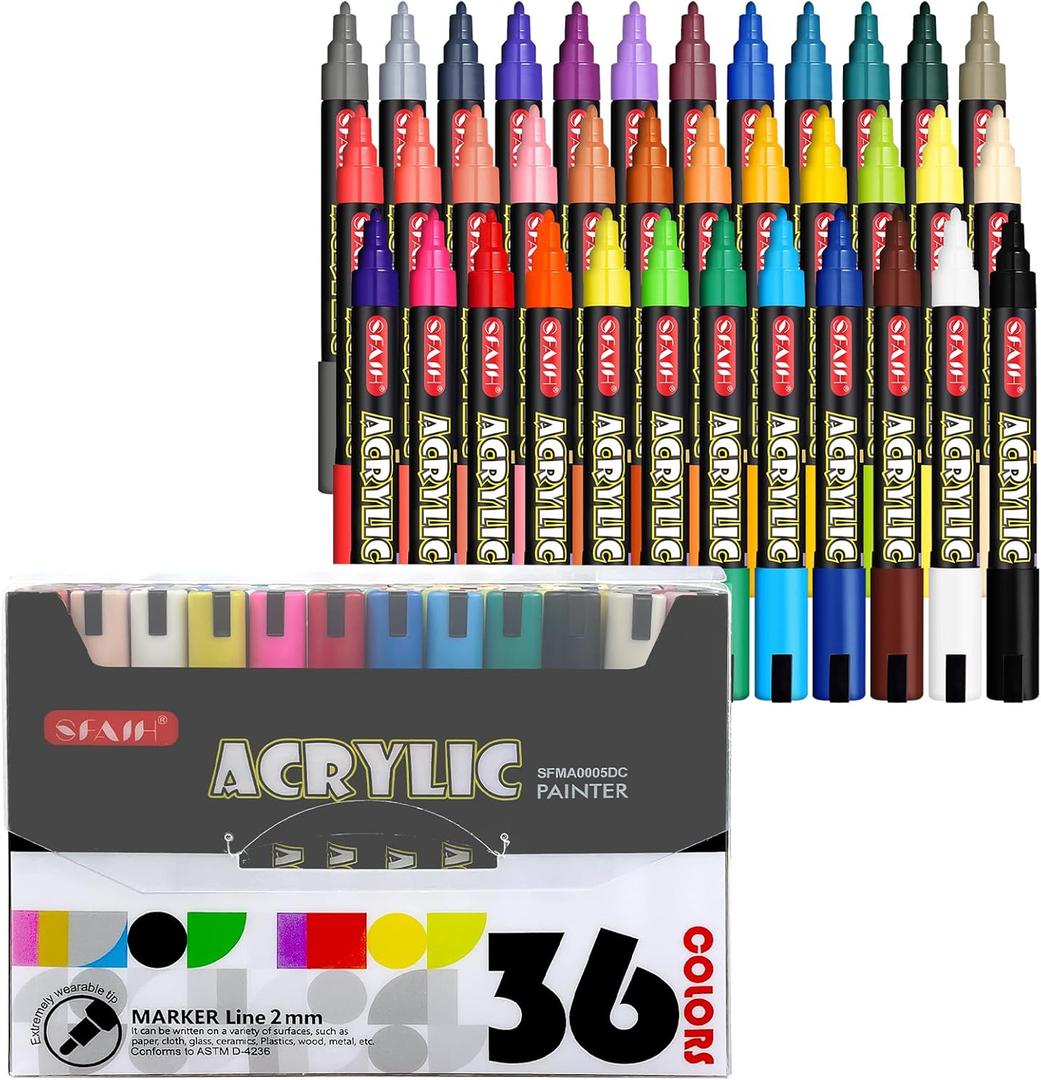 SFAIH Halloween Acrylic Creative Markers - 36 Colors 3mm Replaceable Nibs, Ultra-High Coverage, Large Ink Capacity, Drawing Markers for Pumpkin Painting, Graffiti Wood Fabric Rock Glass DIY Crafts