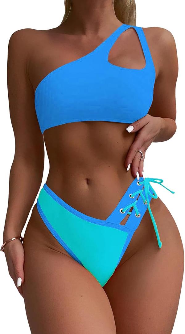 SherryDC Women's Cheeky Cutout One Shoulder Bikini Color Block V Cut High Leg Two Pieces Swimsuit (S, 141 Light Blue)