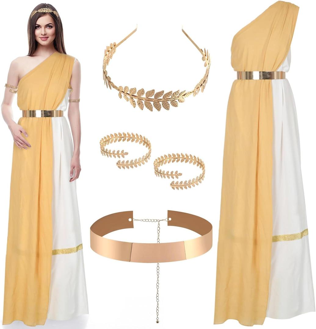 Panitay 4 Pcs Golden Greek Women Costume Toga Dress Costume Halloween Cosplay Outfits Lady with Crown Leaf Dangle Earring
SIZE-L