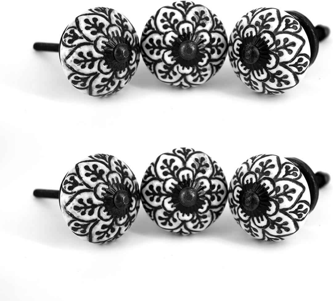 Set of 6 Black & White Vintage Ceramic Knobs | Stylish Modern Drawer Knobs | Trendy Cabinet Door Knobs | Simple Hardware for Kitchen, Bathroom Cabinets & Dressers (Spade)