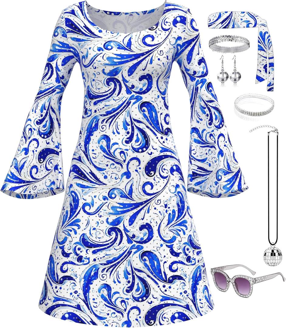 WYHDY 6070s Disco Outfit Women 70s Dress for Women Disco Dress Hippie Dress Accessories Halloween Party Cosplay (L)