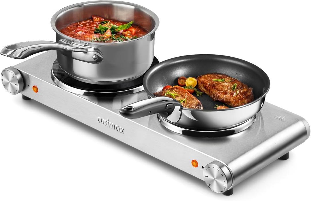 Hot Plate, CUSIMAX Double Burner, Electric Hot Plates for Cooking, 1800watts Portable Countertop Stove, Cast Iron Heating Plates, Used for Camping/Travel Trailers/Dorms, Stainless Steel Cooktop (Silver)