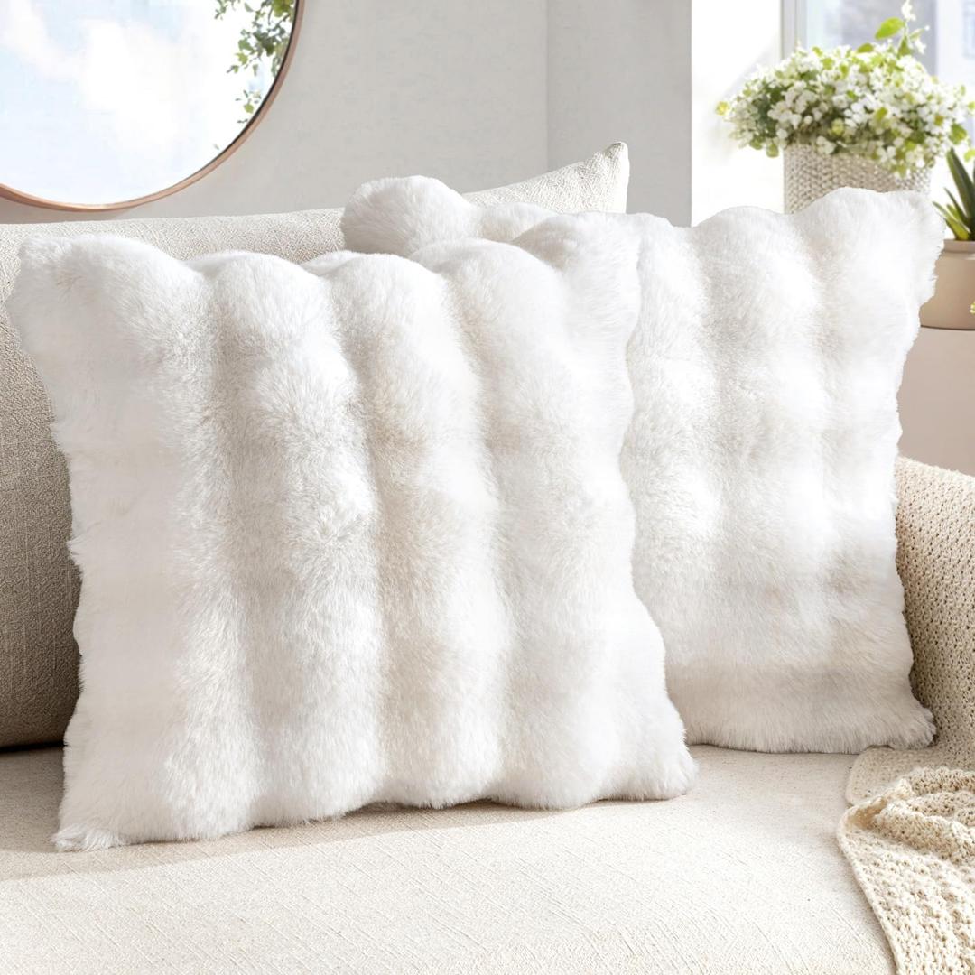 Excluding Insert Faux Rabbit Fur Bubble Pack of 4 Throw Pillow Cover Double Side 18x18 Inch White Thick Plush Dense Fuzzy Decorative Cushion Covers for Couch Bedroom