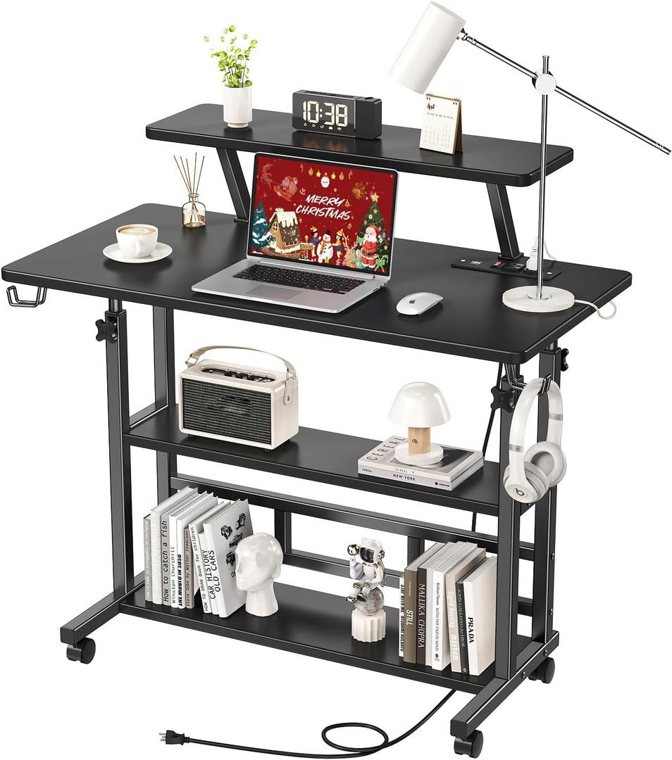 Adjustable Height Standing Desk with Power Outlets, Rolling Stand Up Desk with Monitor Stand and Storage Shelves, 31.5" Small Mobile Computer Desk, Portable Laptop Table (Black with Monitor Stand)