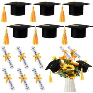 Breling 12 Pcs Black and Gold Graduation Centerpiece Sticks Felt Graduation Scroll Diploma and Grad Cap with Tassel Decor 2025 Table Toppers Centerpiece Party Supplies for Grad Party Decorations