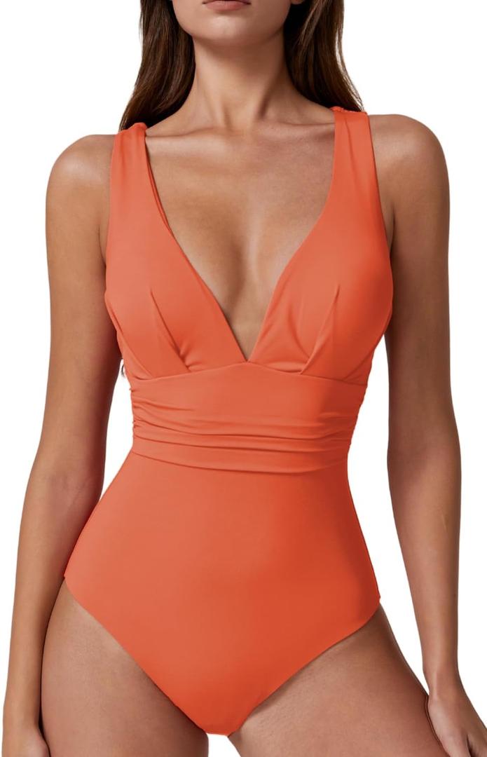 QINSEN Womens Sexy V Neck One Piece Bathing Suit Cross Back Swimsuit High Waist Monokini, XS