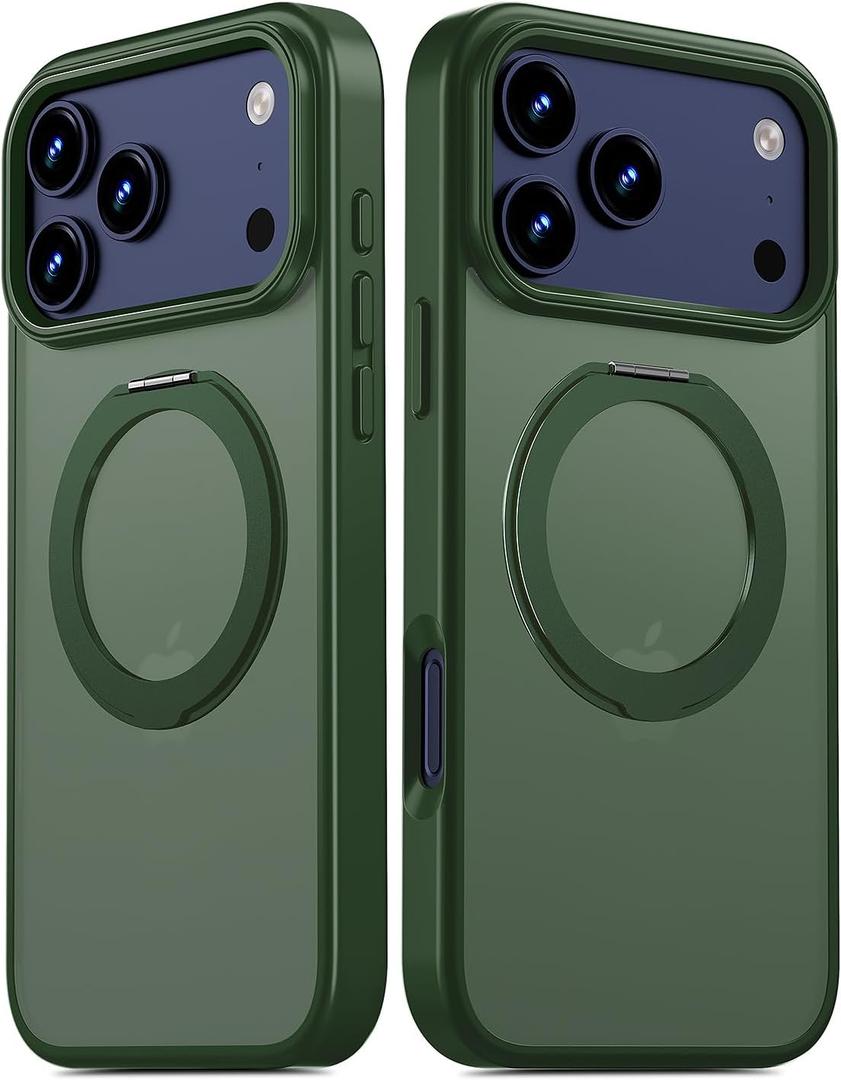 for iPhone 17 Pro Case Ultra-Magnetic 360° Spin Stand [Military Drop Protection] [Compatible with MagSafe] Shockproof Translucent Matte Slim Ring for iPhone 17 Pro Phone Case 6.3", Green