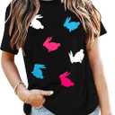 Easter Bunny Shirts for Women Happy Easter Shirts Funny Bunny Graphic Tees Easter Vacation Clothes Tops Black (Black, M)
