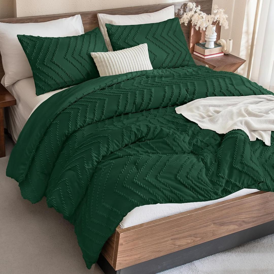 Andency Dark Emerald Green Comforter Set Queen Size, 3 Pieces Boho Bed Set