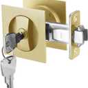 Malimali Pocket Door Lock, Pocket Door Hardware Square Door Lock for Privacy Sliding Door Bifold Door Locks and Pulls Handles Replacement Hardware (Brushed Gold, Entry Lock with Key)