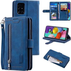 UEEBAI Wallet Case for Samsung Galaxy A52 4G/5G A52S 5G, Retro 9 Card Holder Slots Zipper Pocket Handbag Case PU Leather Magnetic Closure Kickstand with Wrist Strap TPU Shockproof Flip Case - Blue