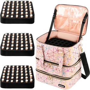 SIYNPAV Nail Polish Organizer Bag Holds 126 Bottles (15ml/0.5fl.oz)& Nail Lamp, 3 Layers Detachable Nail Kit Storage Case PU Leather, Large Travel Nail Supplies Shoulder Bag for Manicure Tools (Pink)