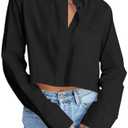 BONITEE Women Cropped Long Sleeve Button Down Shirts Fall Cute Button Up Crop Blouses 2025 Casual Sexy Lapel Tops with Pocket, M