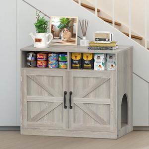 Hidden Litter Box Furniture Ultra-Large Wooden Enclosed Litter Box Furniture,2-Door Storage Cabinet, 2 Open Drawers, 1 Air Vents,Cat Litter Furniture Fit Most of Litter Box.(Gray, No Drawers)