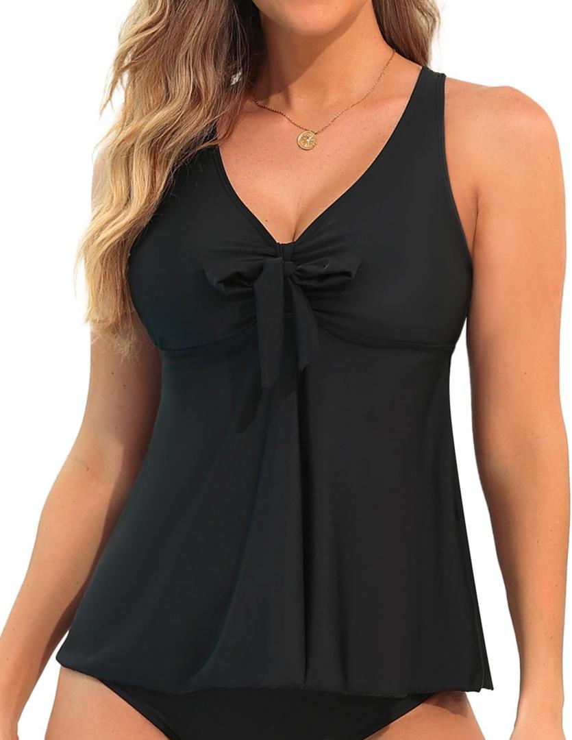 Yonique Women's Flowy Tankini Top - Modest Swim Top with Loose Fit, No Bottom (Black)