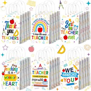 Kosiz 24 Pcs Teacher Appreciation Gift Bags Paper Thank You Teacher Party Favors Bags Pencil Ruler Apple Goodie Candy Treat Bag with Handles for Appreciation Week Party Decoration Supplies
