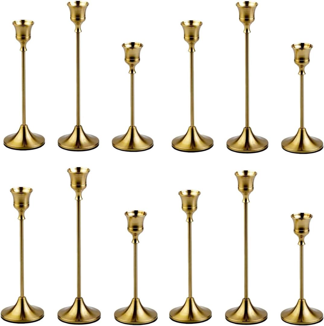 4 Sets(12 Pcs) Candle Stick HoldersBrass Gold Metal Taper Candle Holders, Vintage Modern Decorative Centerpiece Candlestick Holders for Table Mantel Wedding Housewarming Gift
