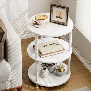 Small Round End Table - 3 Tier Design Accent Table, Narrow Side or Bedside Stand, Industrial Vintage Nightstand for Bedroom, Living Room, or Small Spaces, Marble White (1 Pack)
