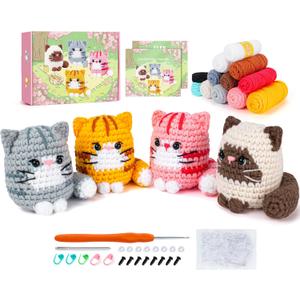 Crochet Kit for Beginners -4 PCS Cat Crochet Kit with Step-by-Step Video Tutorials, Learn to Crochet Kits for Adults, Beginner Crochet Kits for Adults, Animals Cat Crafts Knitting Kit Galentines Gifts