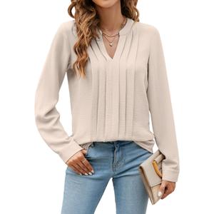 Blooming Jelly Women's Dressy Casual Blouses Business Work Tops Long Sleeve V Neck Pleated Shirts 2025 Fall Outfits (Medium, Apricot)