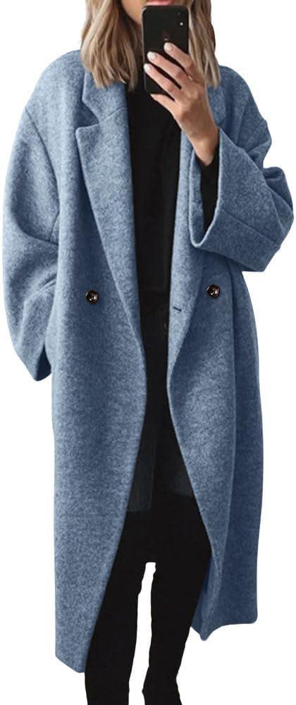 Chouyatou Women's Winter Double Breasted Wool Coat Long Sleeve Notch Lapel Long Trench Coat, 2XL
