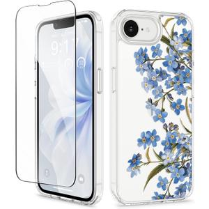 GVIEWIN for iPhone 16e Case with Screen Protector,[Non-Yellowing][Military-Grade Protection] Hard PC&TPU Bumper,Floral Shockproof Protective Clear Phone Case for iPhone 16E 2025 (Aconite/Blue)