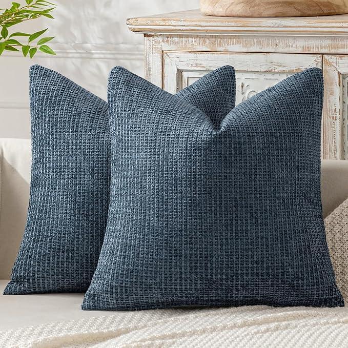 MIULEE Pack of 2 Couch Throw Pillow Covers 18x18 Inch Coastal Navy Blue Modern Boho Accent Decorative Pillow Covers Soft Chenille Farmhouse Cushion Covers for Home Decor Bed Sofa Living Room, Navy Blue