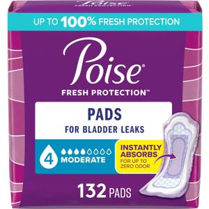 Poise Incontinence & Postpartum Pads for Bladder Leaks, 4 Drop Moderate Absorbency, Regular Length, 132 Count