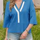 Saodimallsu Womens Short Sleeve Sweater Tops V Neck Collared Oversized Color Block Casual Summer Knit Polo Shirts (Blue, M)