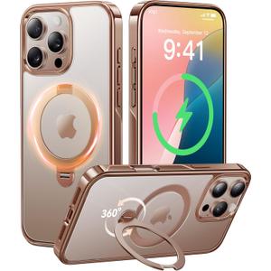 CASEKOO for iPhone 16 Pro Case Desert Titanium 360 Spin Magnetic Stand [Compatible with Magsafe][16FT Military Protection] Slim Polished Frame Titanium Alloy Sturdy Stand 6.3'', Rose Gold