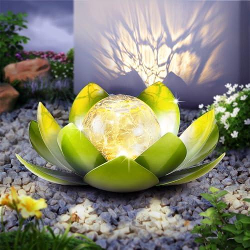 Huaxu Solar Lights Outdoor Garden Decoration Crackle Globe Glass Waterproof LED Metal Green Lotus Flowers Gift for Mom,Women,Patio,Lawn,Walkway,Tabletop,Ground