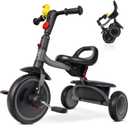 Toddler Tricycle for 18 Months to 5 Years, Foldable Tricycles for 3-5 Year Olds, Kids Tricycle with Adjustable Carry-Friendly Ergonomic Seat and Covered Large Basket, Grey