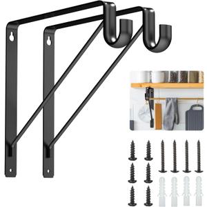 Pisman Closet Rod Bracket Heavy Duty,Shelf Bracket with Rod Holder- Black Closet Rod Support & Closet Shelf and Rod Bracket for Storage, 10 Inch 2pcs