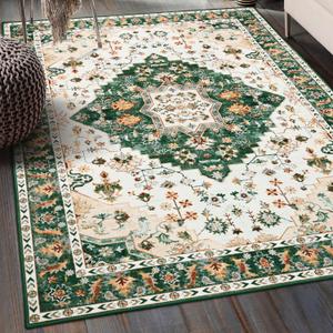 Amearea Vintage Design Area Rugs for Living Room, 4x6 Machine Washable Floral Collection Traditional Bedroom Rug, Low Pile Cute Kids Room Print Carpet, No Slip Office Kitchen Home Decor, Green