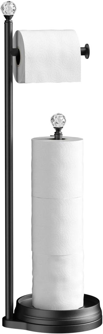 KASUNTO Toilet Paper Holder for Bathroom, Heavy Weighted Metal Free Standing Toilet Paper Holder Stand with Crystal Ball, Toilet Paper Roll Stand for Bathroom Accessories (Matte Black)