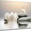 EOBTAIN Zen Stone Canvas Wall Art White Flower and Yellow Butterfly on Lake Wall Art for Bathroom Living Room Bedroom Modern Spiritual Yoga Spa Picture Canvas Wall Decor Zen Art,16x12 Inches (Grey)