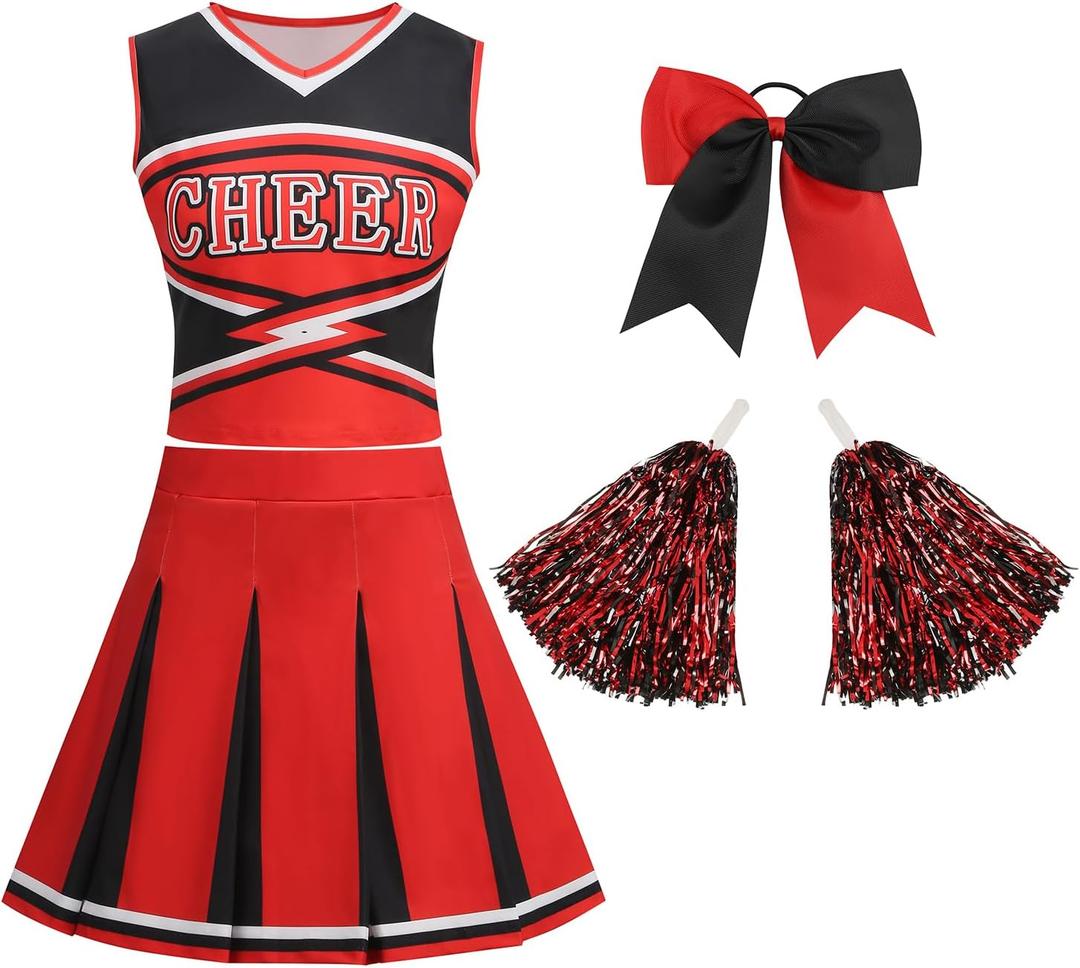 Cheerleader Costume for Womens, Cheerleading Uniform Outfits with Pom Poms Halloween School Musical Party (Large, Red)