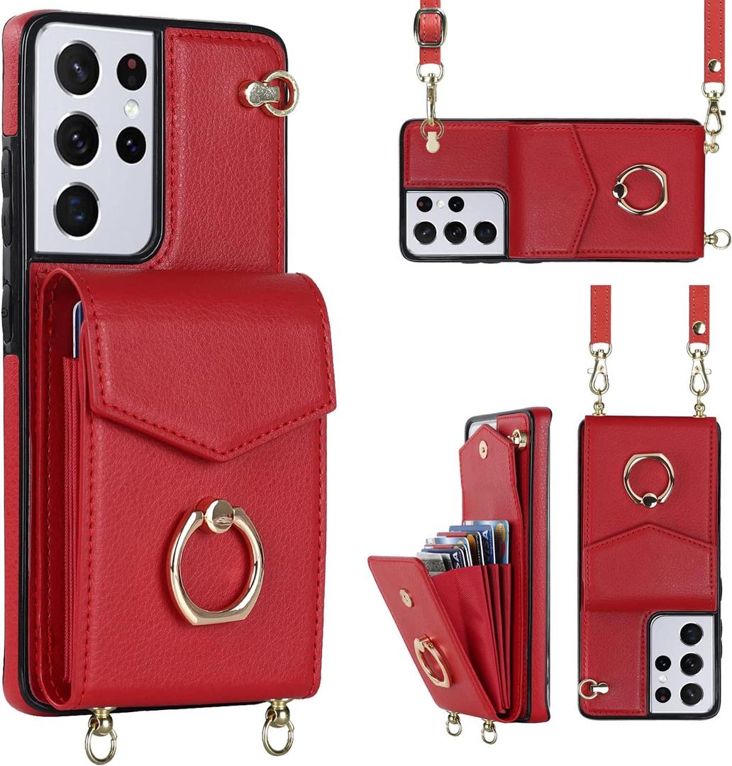 for Samsung Galaxy S21 Ultra Case 5G 6.8 inch, Minimalist Wallet Case with Ring Kickstand and Shoulder Strap, Shockproof Stylish Protective Cover for Galaxy S21 Ultra -Red