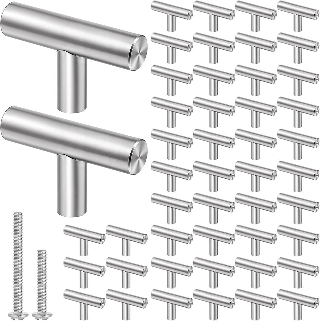 SHENLIU 50 Pack Brushed Cabinet Knobs, Kitchen Silver Pulls for Drawer Stainless Steel Dresser Cabinet Handles 2 in Length Single Hole T Bar Drawer Knob for Kitchen Cabinets and Dressers