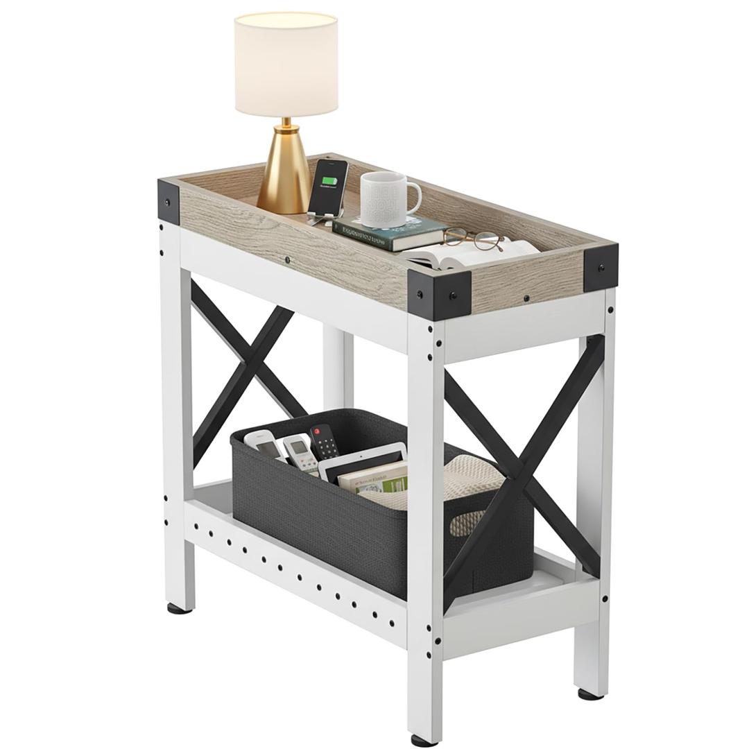 ZEXVIDA Narrow End Table with Charging Station, Modern Farmhouse Side Table with 2 USB Ports & Power Outlets, Slim Industrial Nightstand for Small Spaces, Living Room Sofa & Bedroom, 21.7" L x 10" W