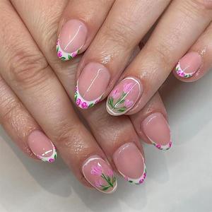 2 x Flower Press on Nails French Tip Fake Nails Short Almond Glue on Nails Cute Floral Acrylic Nails Nude Pink False Nails with Design Spring and Summer Nails Press on Full Cover Stick on Nails for Women