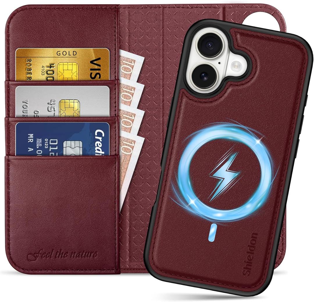 SHIELDON Genuine Leather 2 in 1 Wallet Case for iPhone 17 6.3-inch 2025 | Detachable | Wireless Charging | RFID Blocking Card Slot | Kickstand | Shockproof | Magnetic Cover | Wine Red