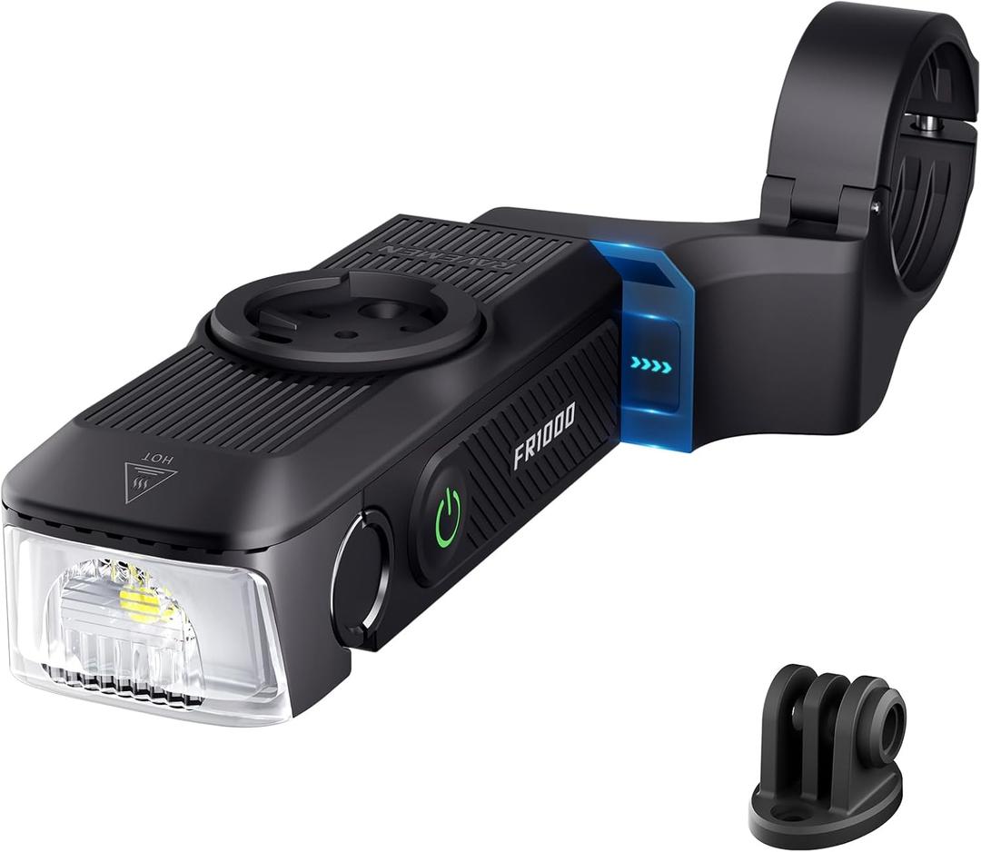 RAVEMEN FR1000 Bike Lights for Night Riding, Bicycle Light & Mount Integrated Design, 30 Adjustable Bike Headlight, Auto On/Off, Compatible with Garmin/Wahoo/Bryton Bike Computer, Fit 31.8-35MM Bar