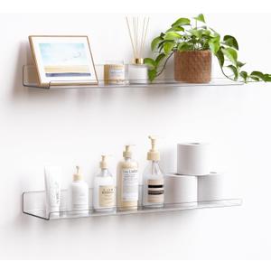 upsimples 4 Pack Acrylic Shelves for Wall Storage, 15" x 4 Floating Bookshelves for Kids, Display Shelf Organizer for Bathroom, Bedroom, Living Room, Kitchen, Room Decor, Clear (15x4")