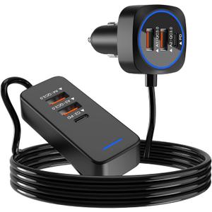Car USB Charger Multi Port with 5.9FT Extension, QC3.0 76W Fast Charging Cigarette Lighter USB C Charger Adapter Multiple Ports for Mobile Phones and ipad