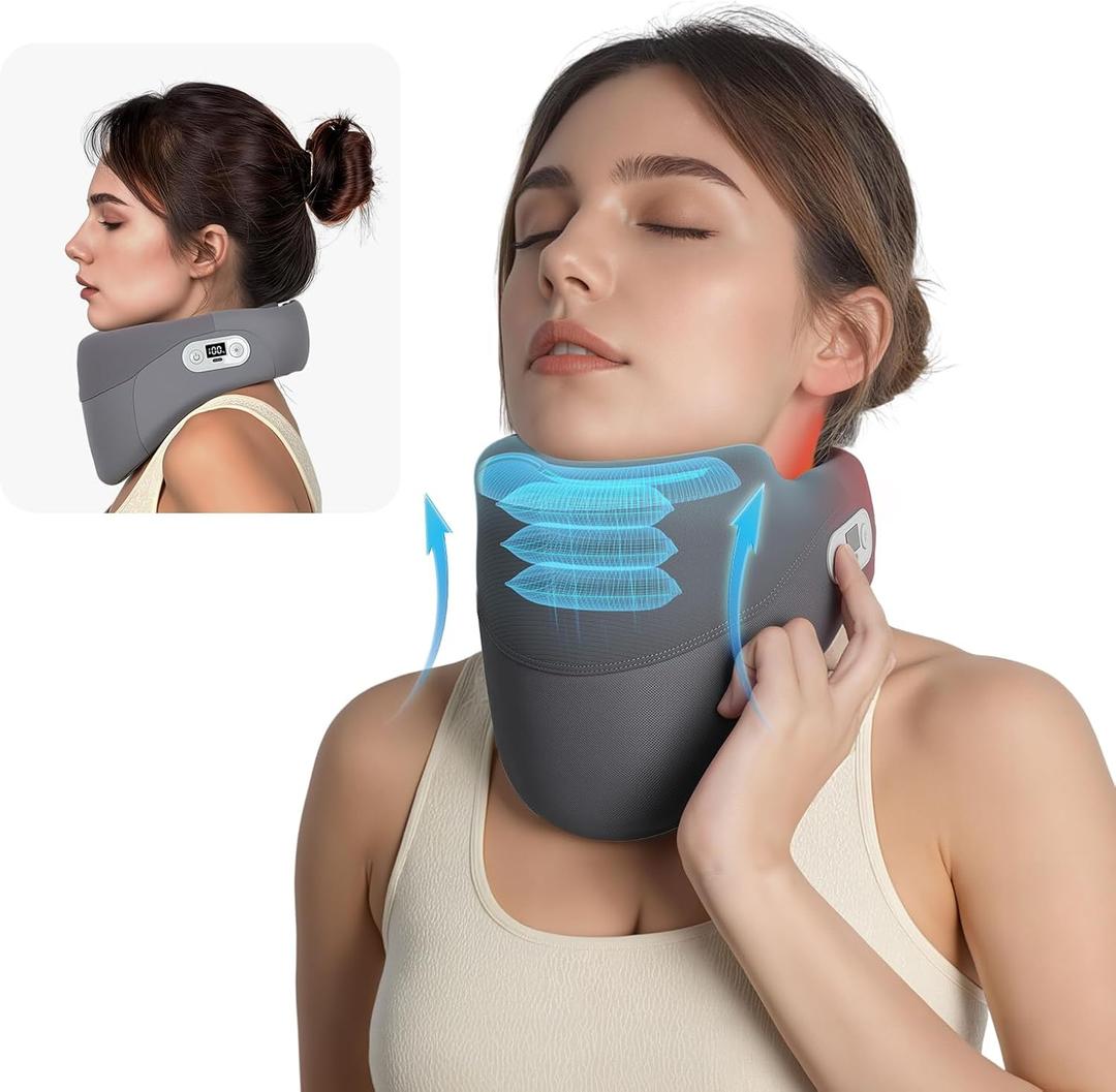 Cervical Traction Device for Neck Pain Relief, Neck Stretcher with Stepless Height Adjustment and Heating, Christmas Gifts for Him/Her/Men/Women/Dad/Mom (Gray-1)