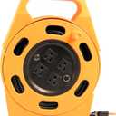Woods 2801 Extension Reel with Four 3-Prong Power Outlets; Heavy Duty Retractable Cord; User Friendly; Made of Flame Resistant Materials; 10 AMP Circuit Breaker; 25 Foot; Yellow; Orange